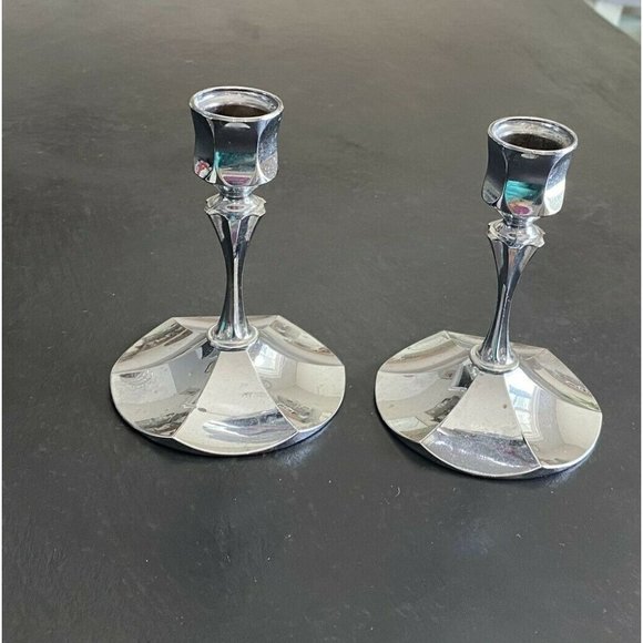 PAIR OF VINTAGE IRVINWARE CHROME RETRO CANDLE STICK HOLDER - USA - 4-1/2" - Picture 1 of 7